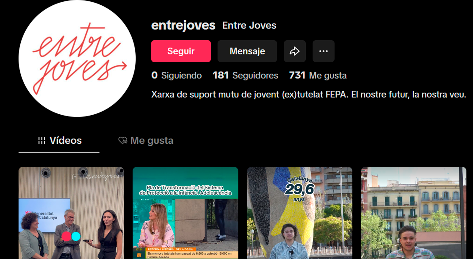 Captura de pantalla de la cuenta de TikTok de EntreJoves.