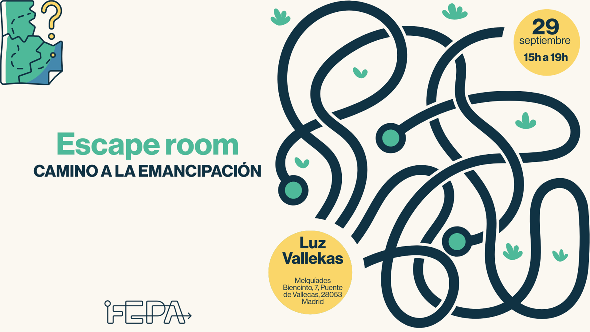 Cartel del escape room que FEPA organizó el 29 de septiembre de 15h a 189h en el espacio Luz Vallekas.