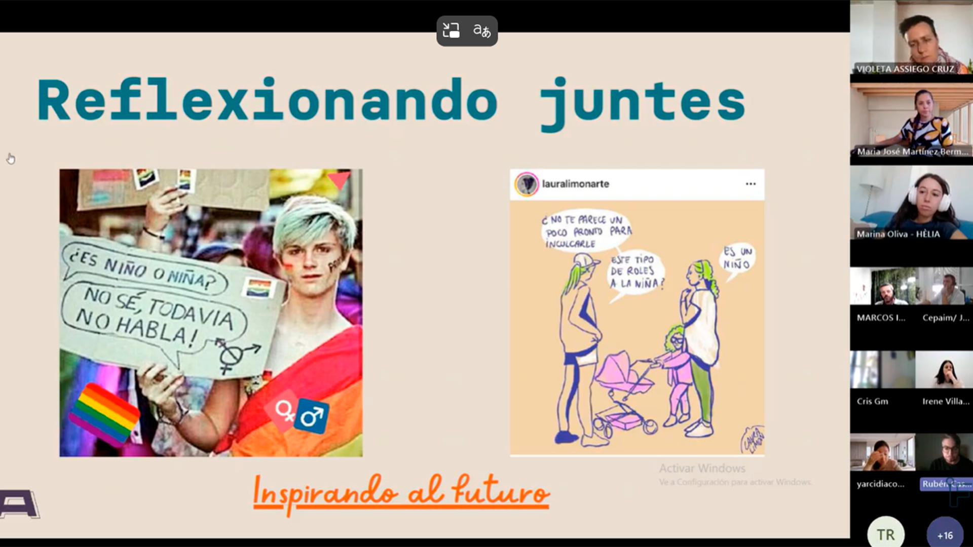 Captura de pantalla durante la presentación en la que se ve una diapositiva de la presentación de la formadora y en el margen derecho, las pantallas de conexión de las personas asistentes.