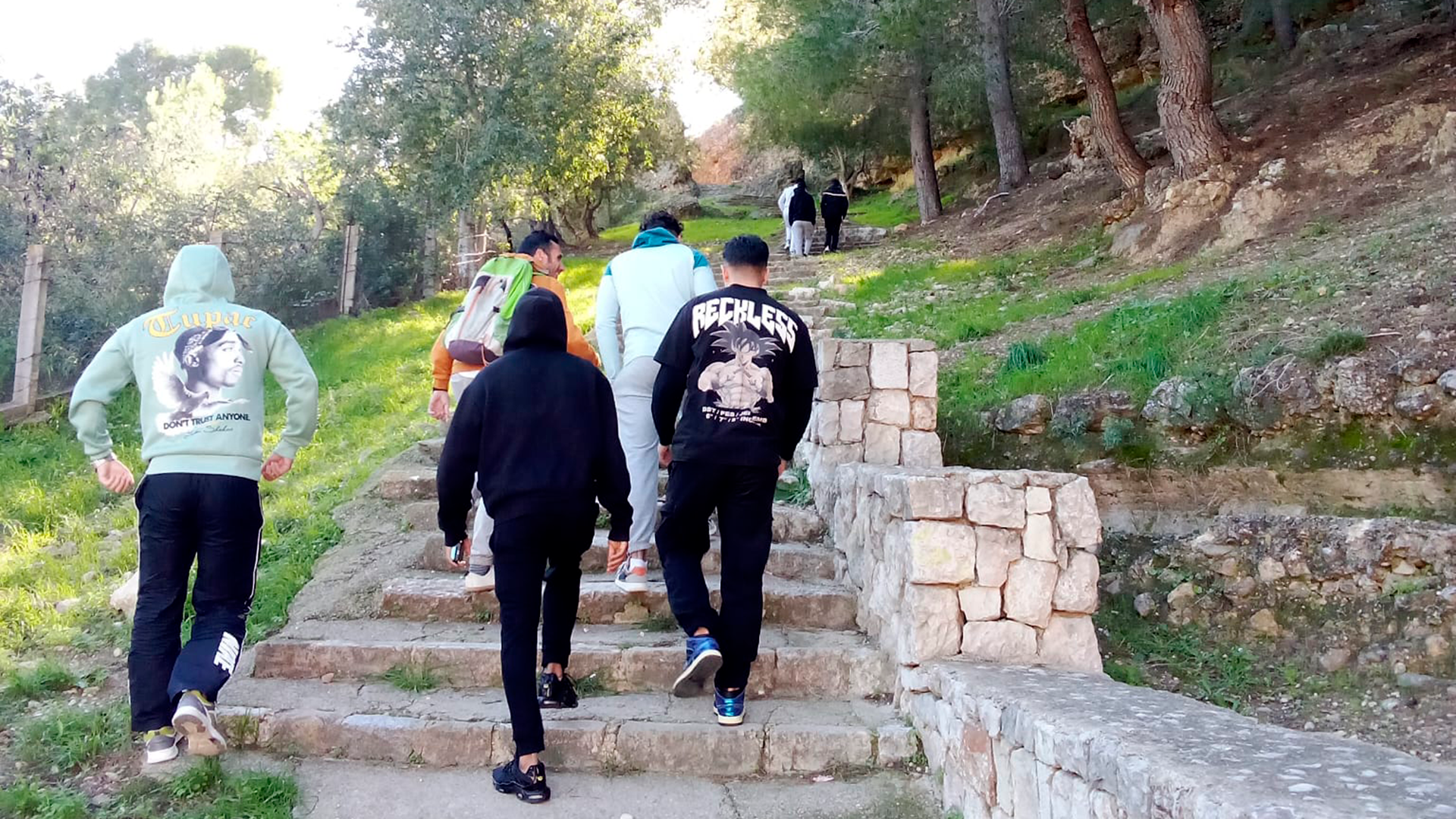 Un grupo de jóvenes, de espaldas, asciende por unas escaleras de piedra en mitad de un bosque.