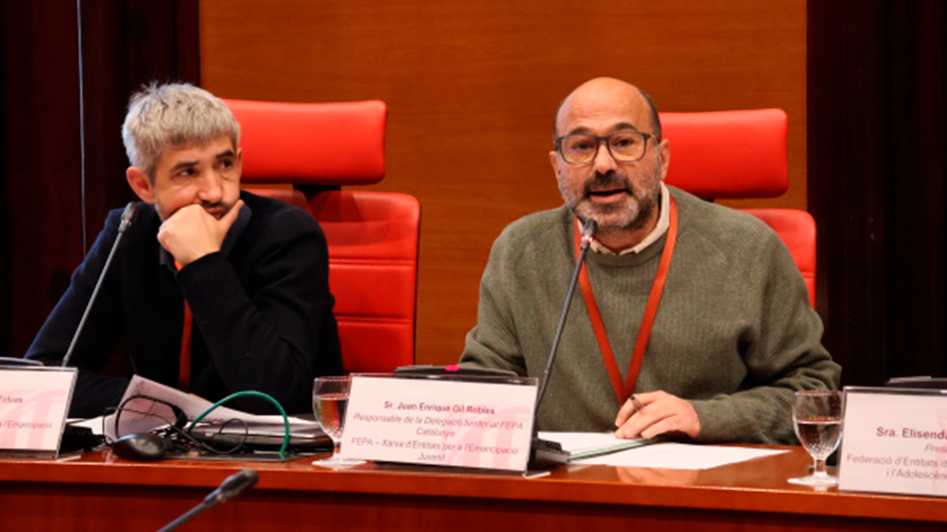 Momento de la comparecencia de Juantxo Gil y Jordi Sàlvia, secretario de Junta Directiva director de FEPA; respectivamente, como entidad experta en la comisión de investigación sobre la DGAIA en el Parlament de Catalunya.