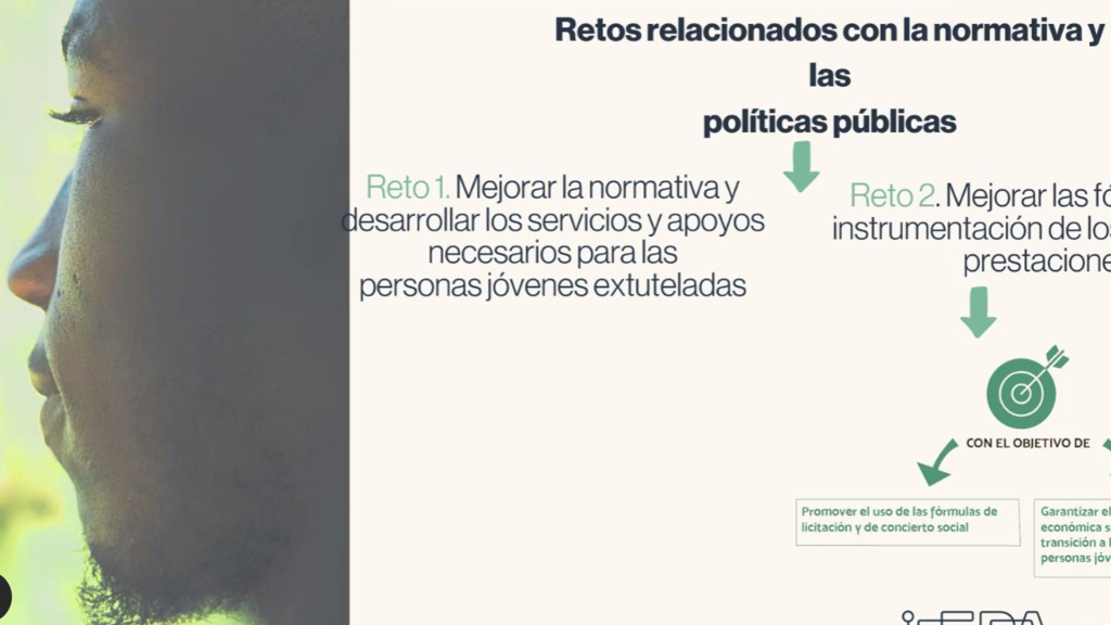Diapositiva de la presentación que empleó FEPA durante la sesión en la que se apuntan los retos relacionados con la normativa y las políticas públicas en relación al acompañamiento a la emancipación de la juventud tutelada y extutelada.